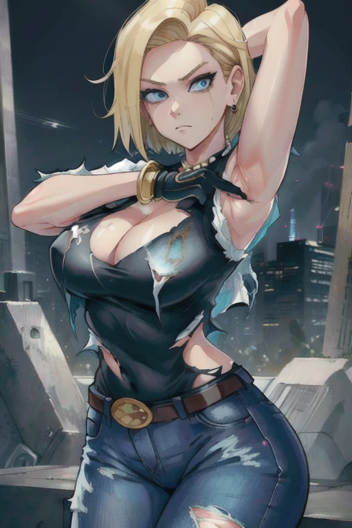 best quality, high definition, and18, 1girl, Android 18, solo, blonde hair, blue eyes, belt, jeans, pearl_necklace, bracelet, black gloves, cleavage, white shirt, short hair, short sleeves, earrings, blue pants, open vest, black vest, big breasts, wide hips, large ass, legs apart, city, (torn clothes: 1.5), erotica, standing, expressionless,arms up,armpits show,wet armpits,wet silk