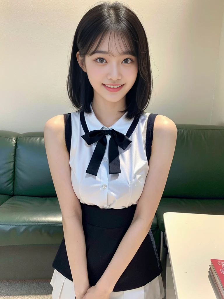 (Super cute Korean high school girl looks into the camera:1.2)(grin,Smile)(Beautiful Sweat:1.1)(16k, RAW Photos, highest quality, masterpiece: 1.2),(Beautiful short bob hair with even bangs, black hair) Super detailed, Super Resolution, (Genuine, Genuine photos: 1.37), Portraiture, High-resolution RAW color photos, Professional photos, Very detailed, 8k wallpaper, Very detailed CG Unity 8k wallpaper, Very detailed beautiful girls, Very detailed faces, ((whole body)), beautiful woman, Huge breasts,(huge boobs:1.1) (Big Boobs:1.1), Beauty college student (A tight, girly, navy sleeveless  with ribbon.),high school girl, Korean Girls,(K-POP Female Idols), (Idol-class beauty)(Beautiful high school girl:1.1)(A library filled with books)(18-year-old)(Stylish school uniform-style outfit:1.1)(Group photo:1.1)(Tattoo,Tattoo:1.0)(NSFW)