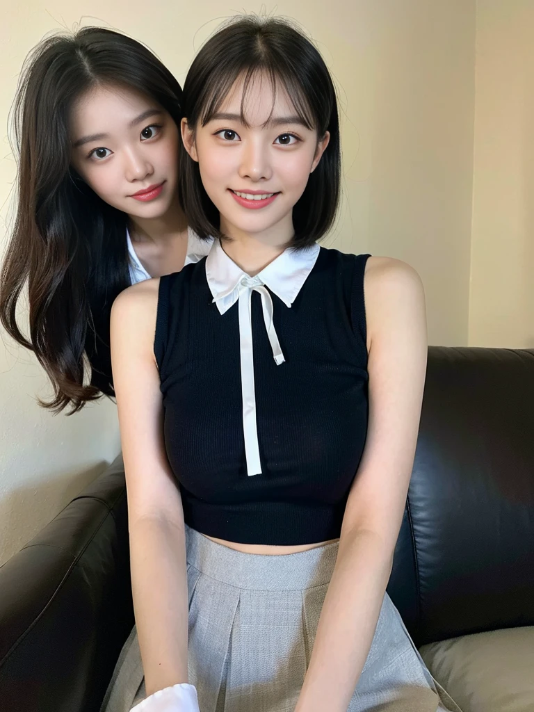 (Super cute Korean high school girl looks into the camera:1.2)(grin,Smile)(Beautiful Sweat:1.1)(16k, RAW Photos, highest quality, masterpiece: 1.2),(Beautiful short bob hair with even bangs, black hair) Super detailed, Super Resolution, (Genuine, Genuine photos: 1.37), Portraiture, High-resolution RAW color photos, Professional photos, Very detailed, 8k wallpaper, Very detailed CG Unity 8k wallpaper, Very detailed beautiful girls, Very detailed faces, ((whole body)), beautiful woman, Huge breasts,(huge boobs:1.1) (Big Boobs:1.1), Beauty college student (A tight, girly, navy sleeveless with ribbon.),high school girl, Korean Girls,(K-POP Female Idols), (Idol-class beauty)(Beautiful high school girl:1.1)(A library filled with books)(18-year-old)(Stylish school uniform-style outfit:1.1)(Group photo:1.1)(Tattoo,Tattoo:1.0)(NSFW)