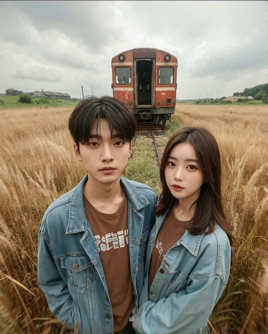 ultrawide shoot photography, a korean man with short hair stands with a korean woman with long hair, they are seen enjoying the calm breeze in a field with tall grass, behind you can see an abandoned train carriage from a distance, professional photography, wearing kemeja flanel , interisting composition, photo shoot, promo shoot, illusion, long shot, face facing the camera.