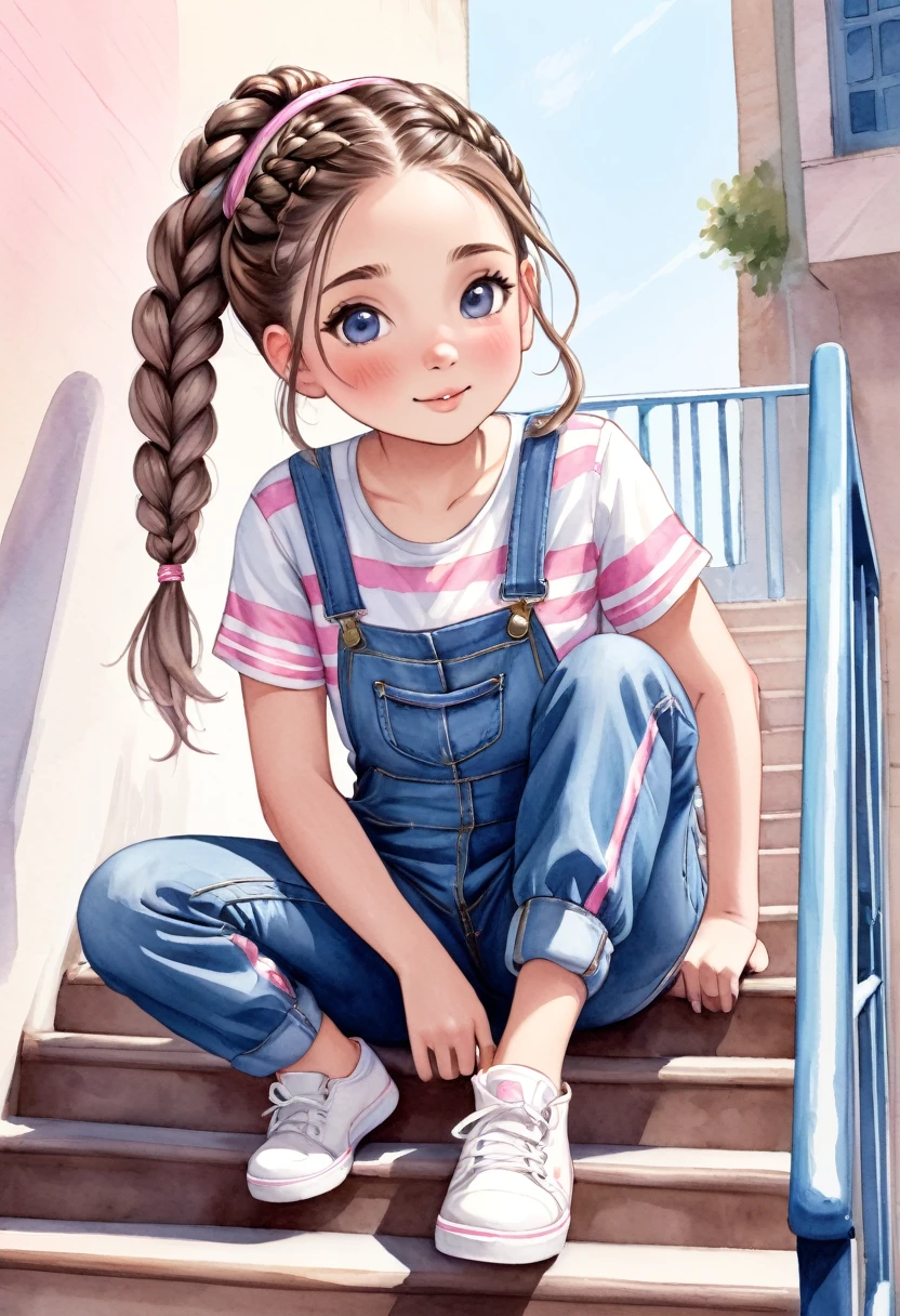 desenho aquarela, uma linda menininha de cabelos castanhos e olhos azuis, She wears denim overalls with a white blouse with pink stripes, she wears braids in her hair, she is slipping on a stair railing, ela parece estar se divertindo