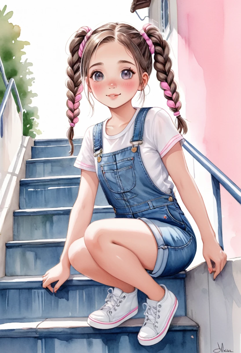 desenho aquarela, uma linda menininha de cabelos castanhos e olhos azuis, She wears denim overalls with a white blouse with pink stripes, she wears braids in her hair, she is slipping on a stair railing, ela parece estar se divertindo