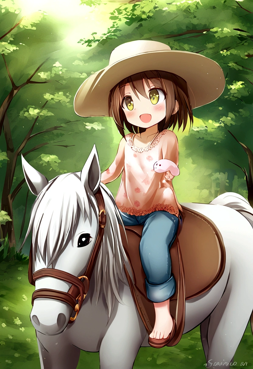 Create animation of girl riding a horse. A de 6 anos, sorrindo, usando camisa branca, jeans with fringes, olhos castanhos, long brown hair and hat. Em cima de um cavalo