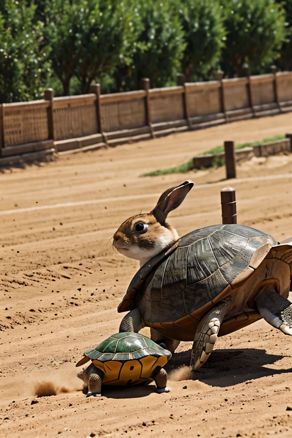The rabbit and the turtle race each other.