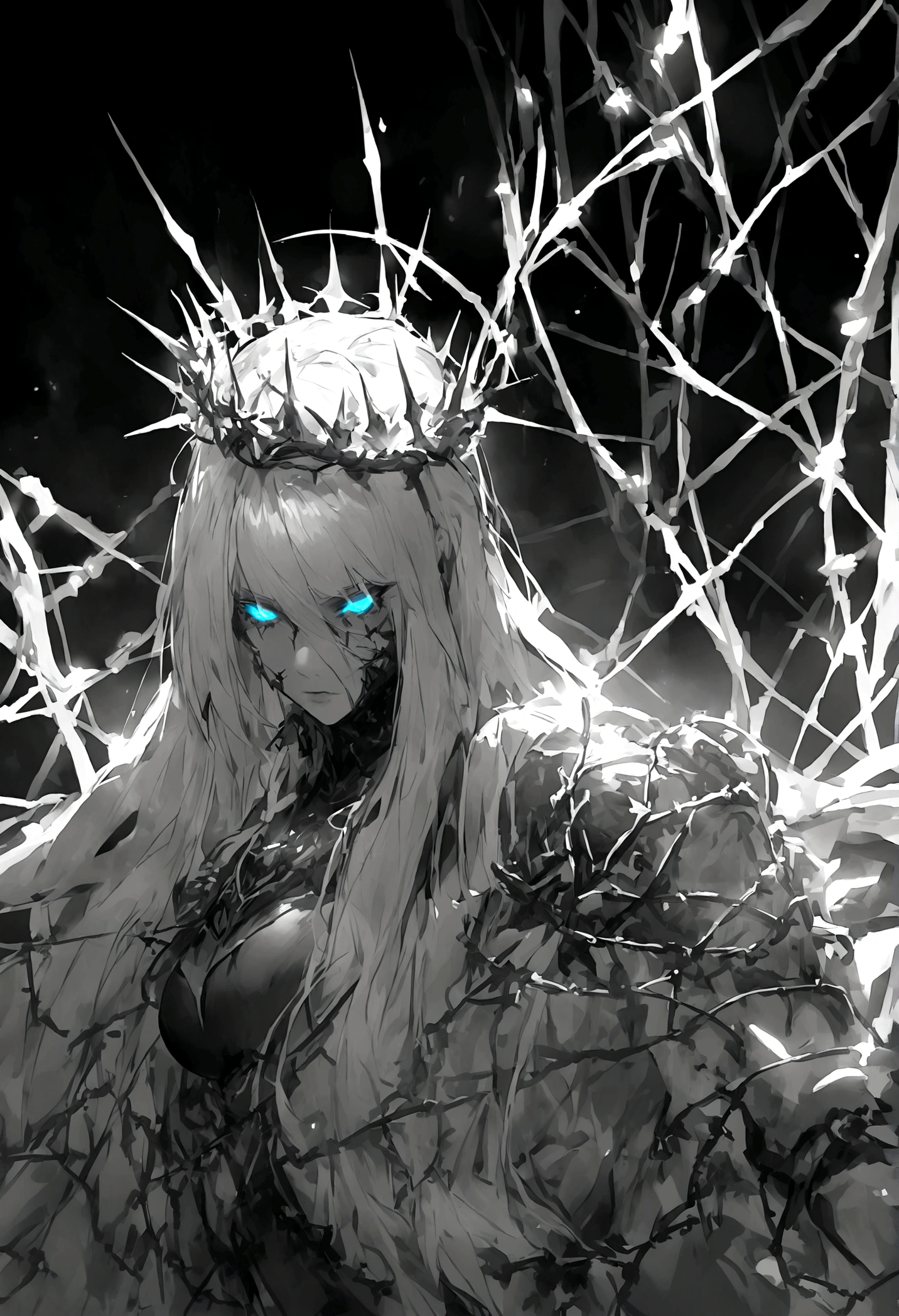 solo, female, grey skin, long white hair, silver brooch, dry body:1.2, empty sockets:1.5, no eyes, decayed body, SFW, smile, curtsey pose, dressed in rags, graceful, ancient, crypt, close up, her skeleton is visible through her skin:0.6, gore, bangs covering eyes, flaking skin