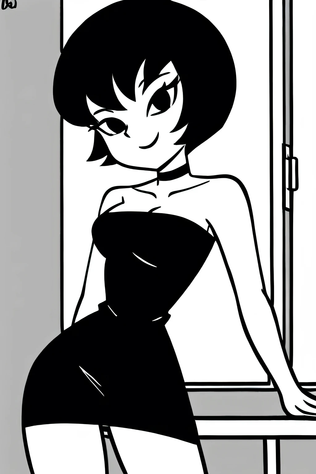 Jucika, digital media, black eyes, black hair, short hair, flat color, flat graphic style, white skin, zPDXL, best quality, amazing quality, score 9, 1girl, collarbone, strapless black tube dress, black chocker, standing in her bedroom with a little blue window, seductive smile, looking at viewers, from below, Reached her arms out.
