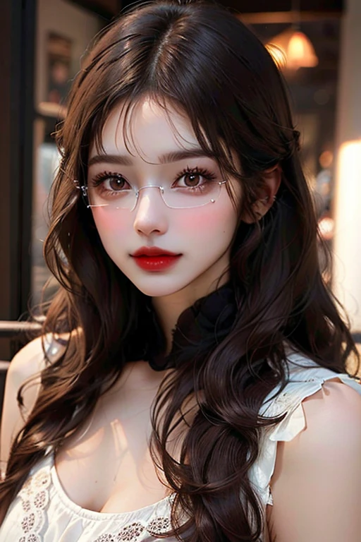 Brunette girl, straight dark brown hair slightly below the shoulders. dark brown eyes, nariz delgada, labios un poco rellenos y cejas curvas. Con lentes