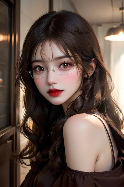 Brunette girl, straight dark brown hair slightly below the shoulders. dark brown eyes, nariz delgada, labios un poco rellenos y cejas curvas. Con lentes
