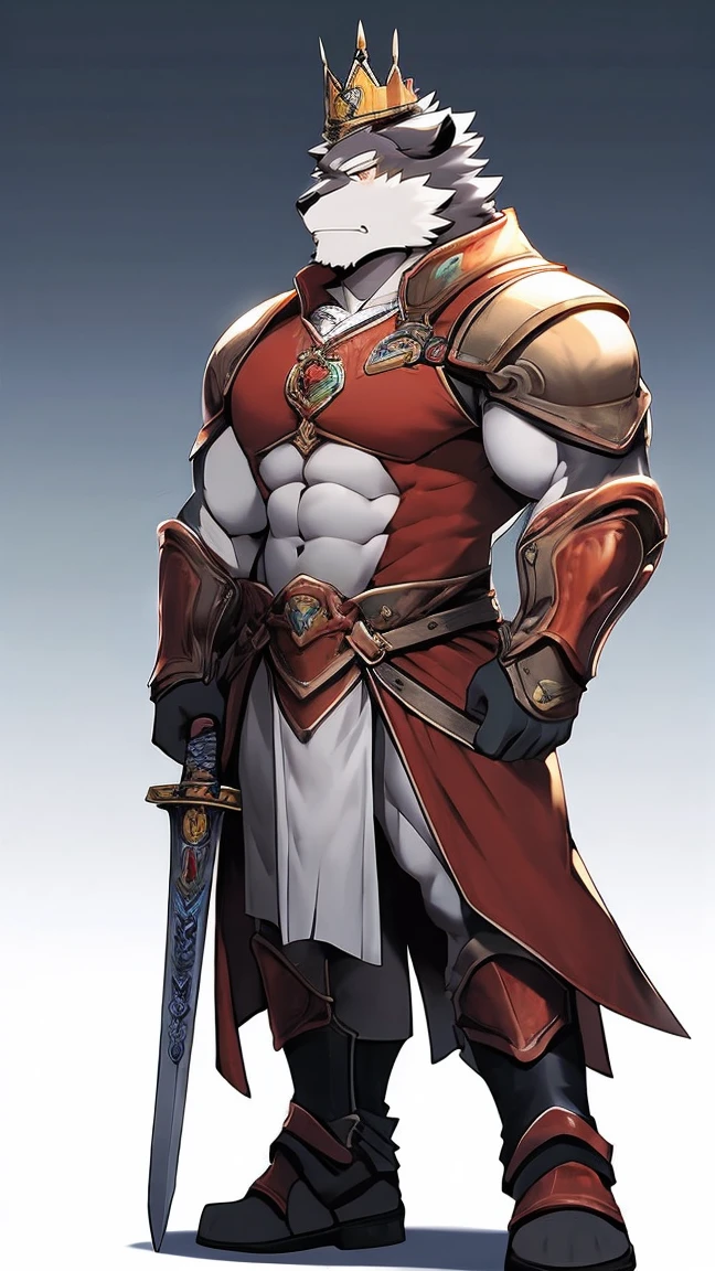 Mature male Long Furui, muscular,short hair, Wearing armor, Wearing a crown,Holding a long sword,Stand ahead,Full body portrait