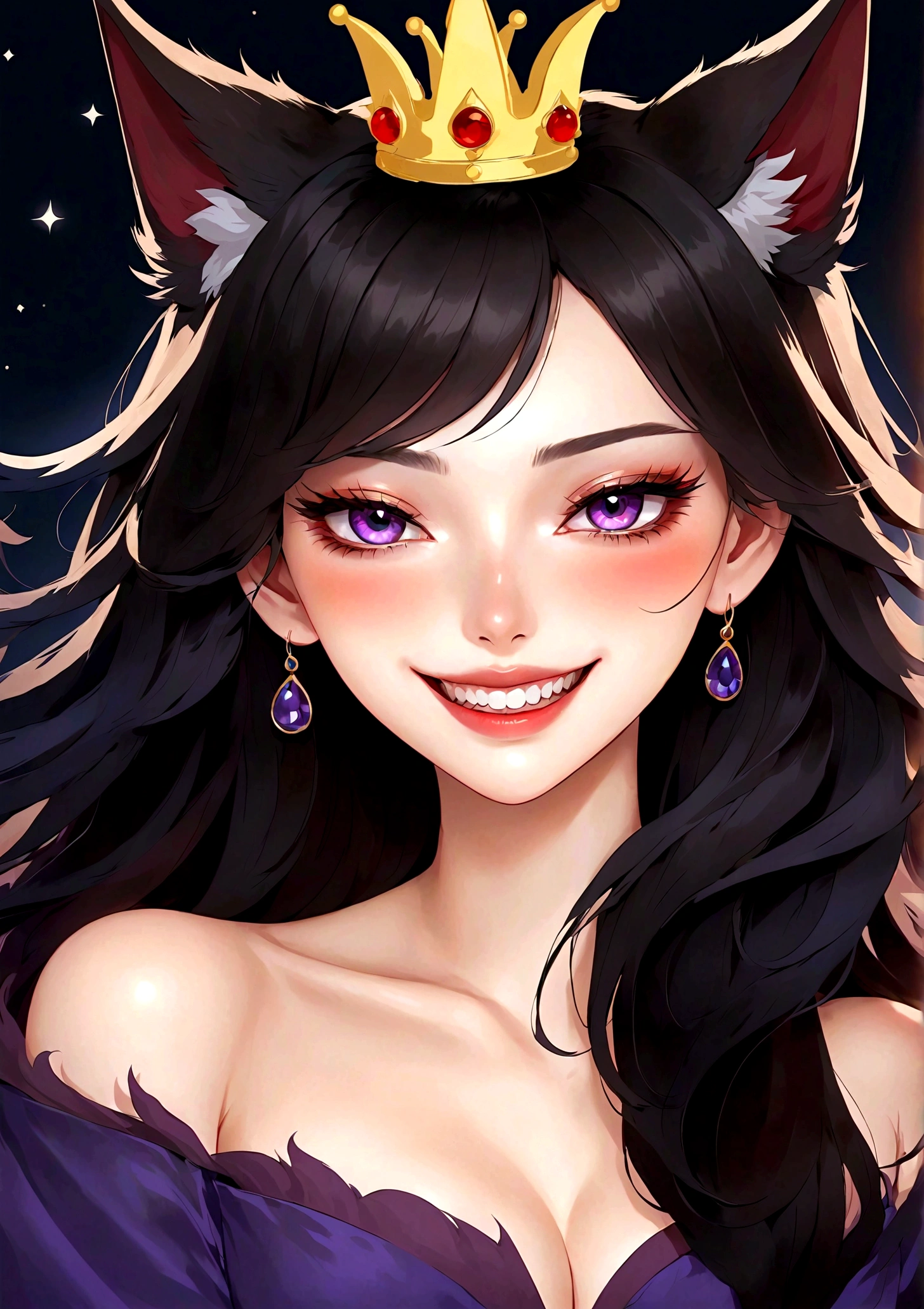 vector，flat，Clean and smooth lines，one幅美丽的插图：Big Bad Wolf:1.37.pan:1.37 Beautiful girl sitting gracefully，(((她有one个美人痣:1.37)))，Purple Eyes，Delicate lashes，Smile，Smooth skin，Black long hair，Wolf ears， Small Crown，Gorgeous red dress，温顺的Big Bad Wolf。Correct human ???????，moonlight，one