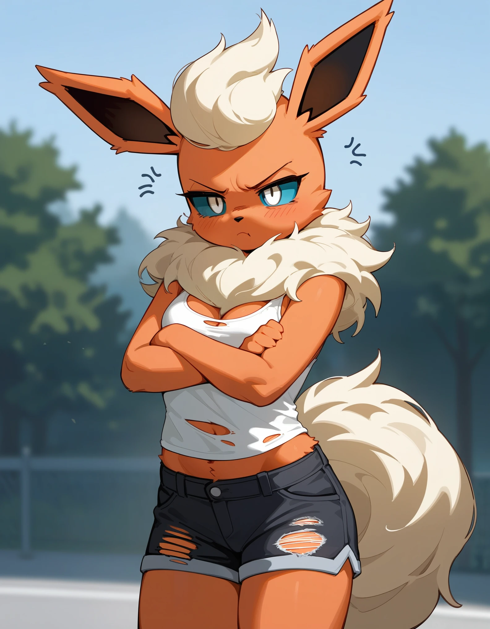 Solo, score_9,score_8_up,score_7_up, (source_furry, an Anthro furry flareon girl, Pokemon, tall and slender, blue sclera, white eyes, wearing black ripped tank top, black ripped shorts, arms crossed, moody expression, annoyed expression, standing outdoors,