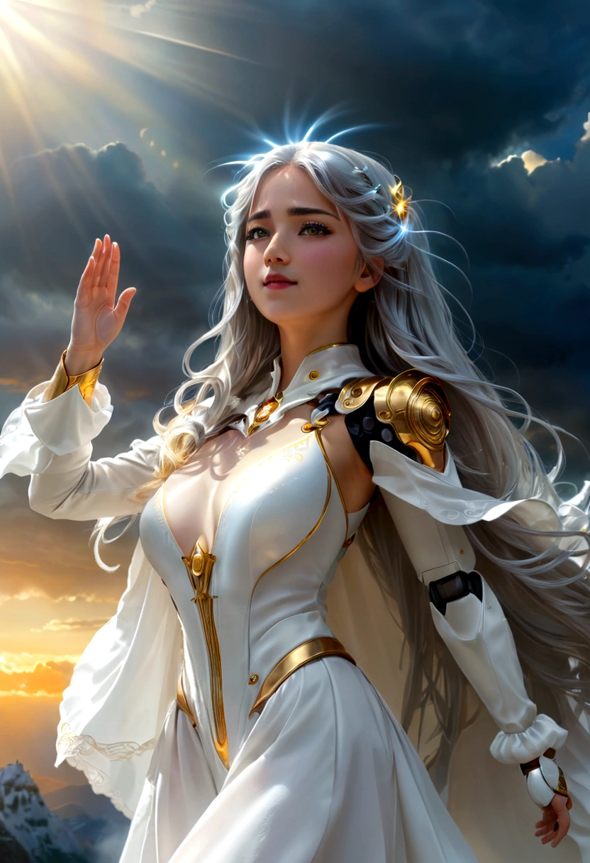 1girl, glowing face of light, perfect face, shining as sunrays, glowing hands, long-silver hair, hair accessory, shining light eyes, blowing white cloak, full body, standing-float on the clouds, hands spreading-up, iconic stance, heavenly scenery, dramatic realistic photoshot, uhd, 16k, super detailed