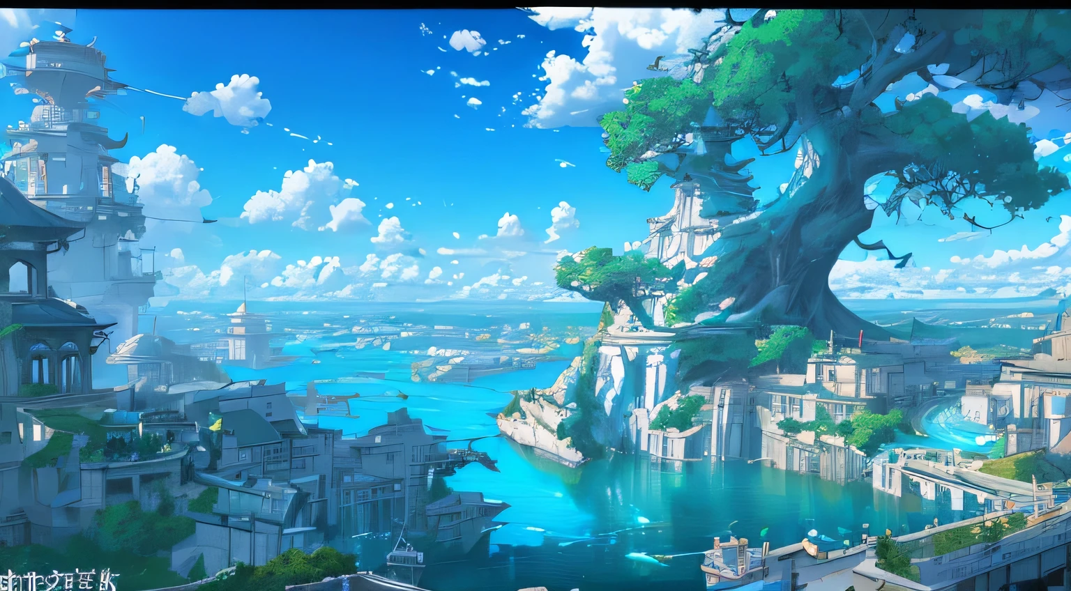 Masterpiece, high detail, 8K resolution, ConceptArt, scenery, water, sky, day, tree, cloud, nature, sea, ancient city of water, ancient waterway, ship harboring, blue sky, from above, Makoto Shinkai artstyle