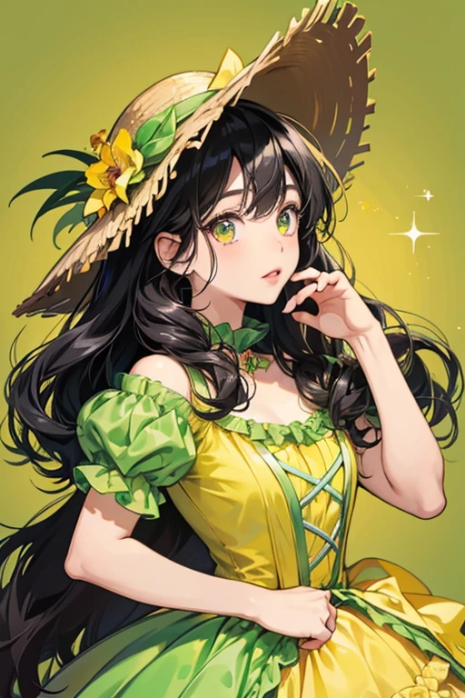 Tokonatchi has brown skin, round eyes (with dark green irises in the anime), pink lips, and two curls of black hair on each side of her head. She wears a yellow dress with a frilly yellow-green collar that seems to resemble a pineapple, and a hat that resembles half a watermelon. SPARKLE; GLITTER