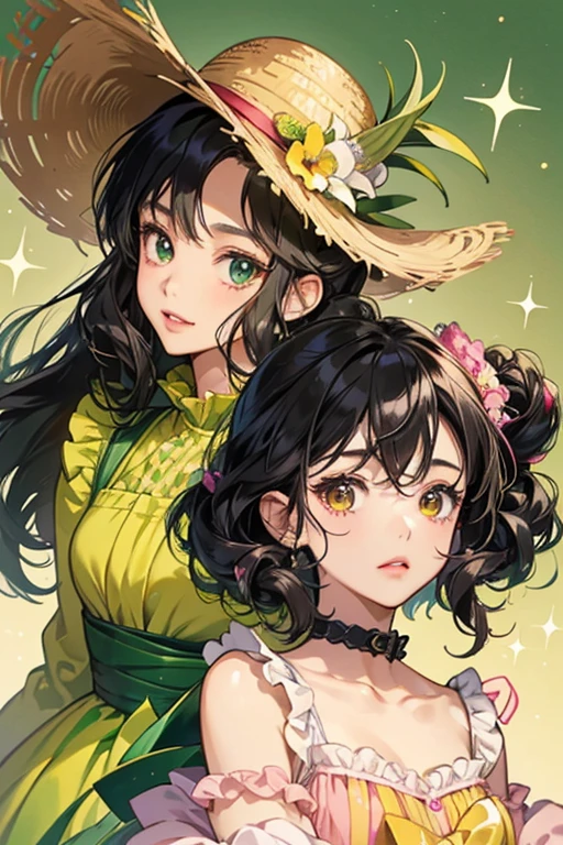 Tokonatchi has brown skin, round eyes (with dark green irises in the anime), pink lips, and two curls of black hair on each side of her head. She wears a yellow dress with a frilly yellow-green collar that seems to resemble a pineapple, and a hat that resembles half a watermelon. SPARKLE; GLITTER