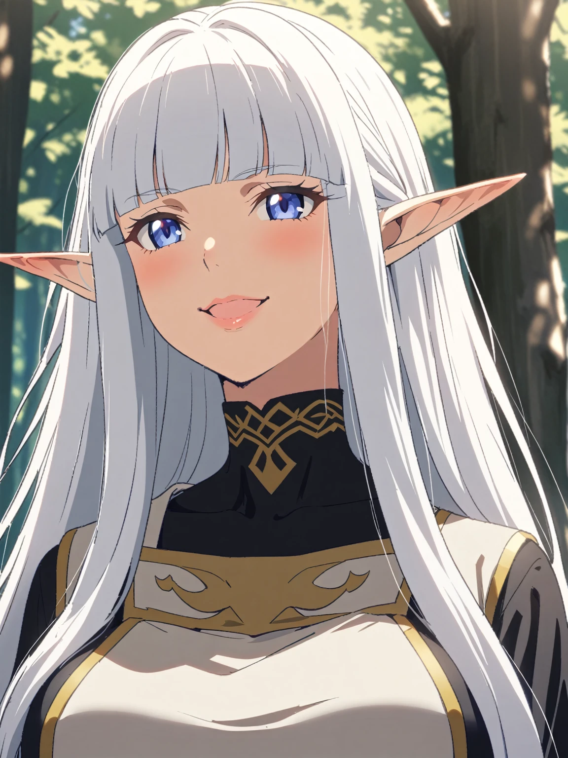 {{upper body, face focus}} {{Artist: Sincos}} 1 woman, solo, mature female, elf elegant, princess, pointy ears, blue eyes, long hair, straight hair, white hair, blunt bangs, lips, large breasts, happy, white tabard, gold trim, black collar, black undershirt, outdoors, forest, dappled sunlight, medieval fantasy.
