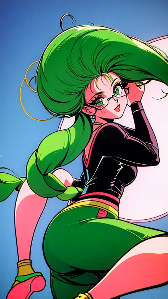 1990s (style), 1980s (style), retro artstyle,1 person、Lady, Black skin、Green Eyes, Long Hair、Three-stranded、Pigtails、Forehead、Green Hair、intellectual、Glasses、Jumpsuit、sneakers、Big ass through clothes、Big breasts through clothes
