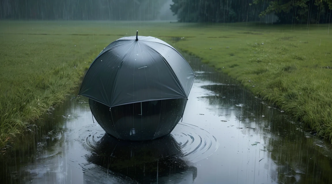 A lot of rain is falling on the surface of the water like a mirror where nothing is placed, and it is raining all the time, and the grass spreads all over wet with rain, (Photographic, Best Quality, High Quality, Highres:1.4), Detailed, Extremely Detailed, Ambient Soft Lighting, 4K, Background, Depth of Field, 