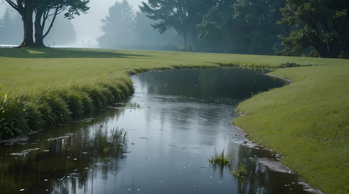A lot of rain is falling on the surface of the water like a mirror where nothing is placed, and it is raining all the time, and the grass spreads all over wet with rain, (Photographic, Best Quality, High Quality, Highres:1.4), Detailed, Extremely Detailed, Ambient Soft Lighting, 4K, Background, Depth of Field, 