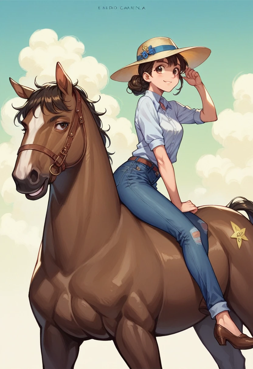 Create animation of riding a horse, sorrindo, usando camisa branca, jeans with fringes, olhos castanhos, long brown hair and hat. Em cima de um cavalo