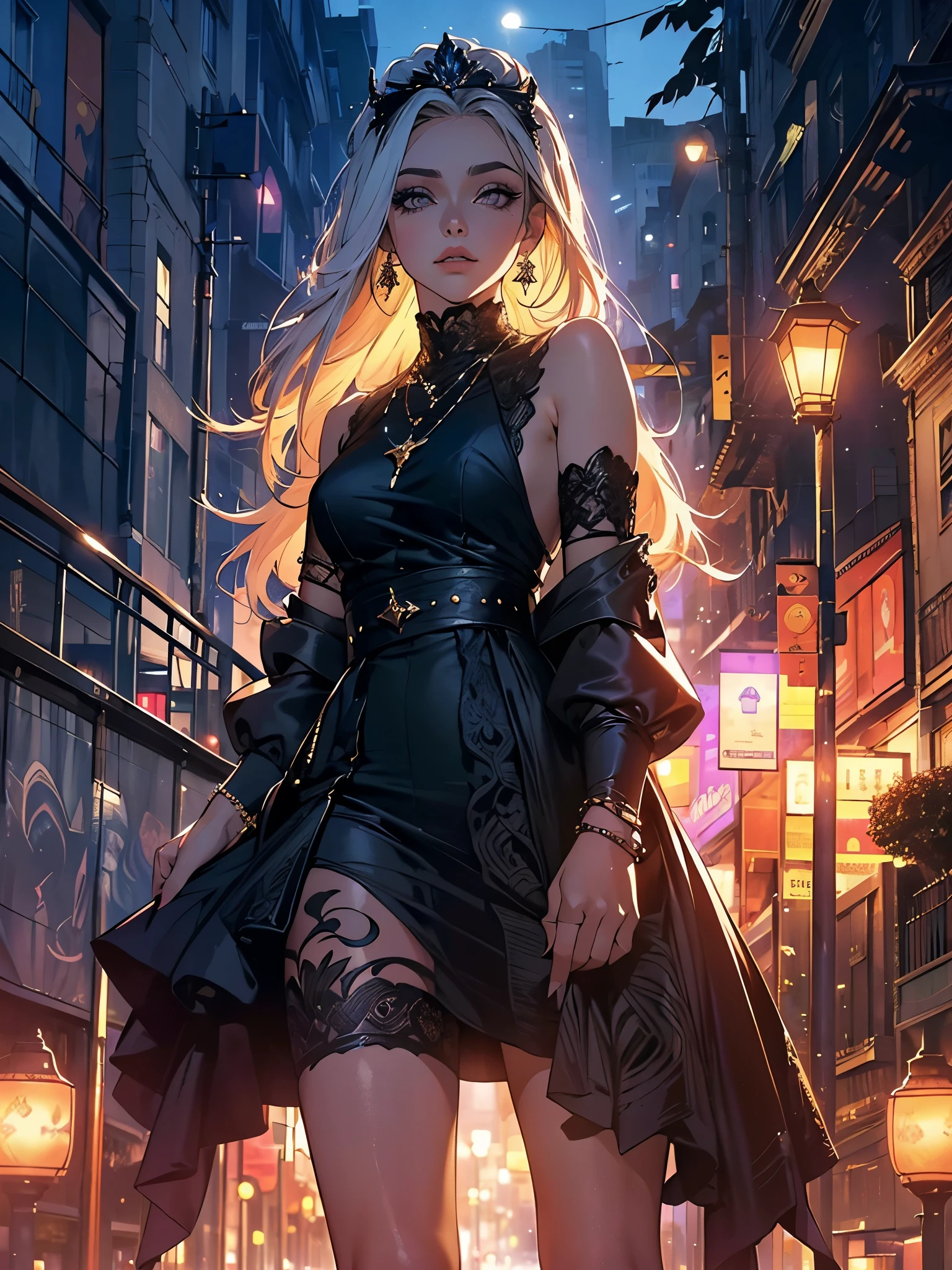 linda jovem mulher, cabelo preto curto, olhos castanhos, Empress, terno de saia plissada,street lamps,neon,fundo de rua movimentada,(umbigo:1.1,olhos de princesa), Nobreza, Realeza, alta qualidade, Obra de arte, altamente detalhado, (((caminhando nas ruas a noite, as luzes dos postes parecem astigmatismo, usando roupas pretas e um longo cachecol))), corpo inteiro, de frente para o criador