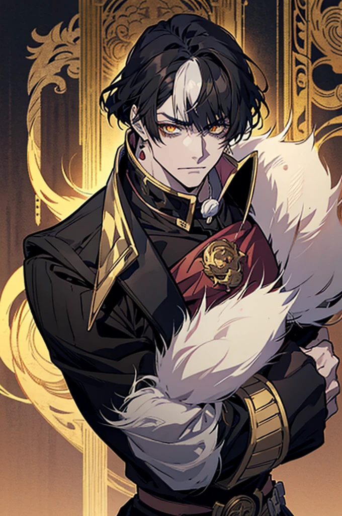 anime guy with horns, golden glowing eye, one eye is covered with his hair bangs, handsome guy in demon slayer art, handsome japanese demon, detailed anime character art, detailed digital anime art, by Yang J, with black hair, anime handsome man, male anime character, inspired by Gege Akutami, mid 20s