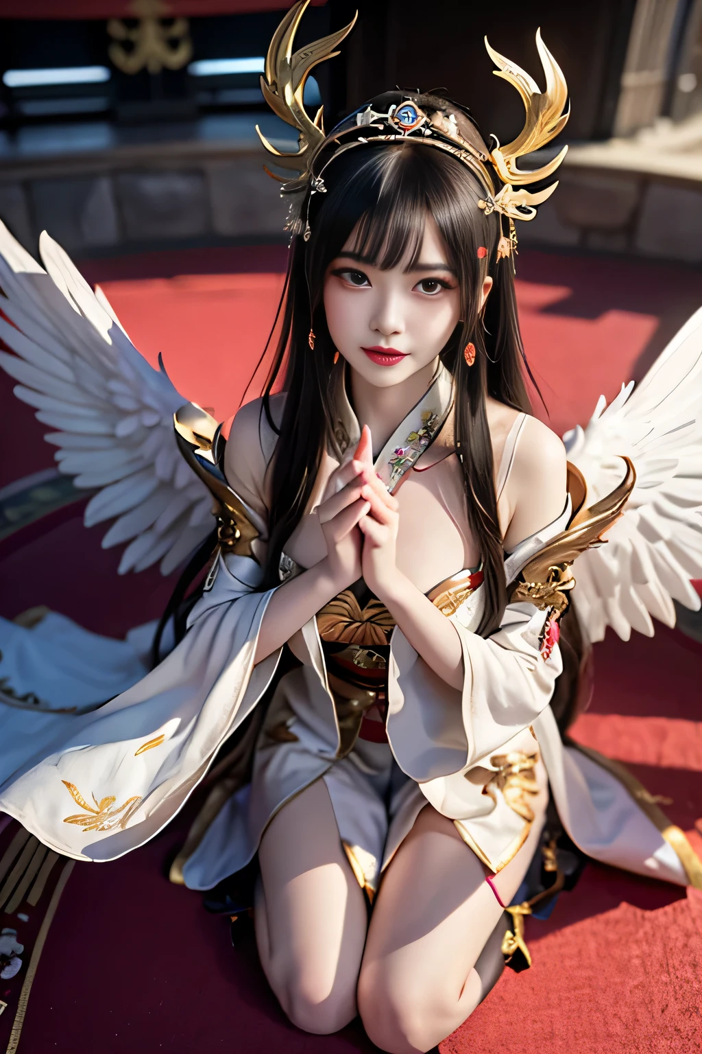 tmasterpiece,Need,A girl,Wearing a cream dress(The skirt is split from the waist),The dress has a beautiful pattern,No belly pocket,Looming breastes,cleavage,D-cups,Bare thighs,perfect bodies,Slender,On the ground,largeeyes,Purple pupils,Black hair,long whitr hair,hair adornments,Ji hair style,eardrop,Be red in the face,is shy,prette,adolable,facing to audience,full bodyesbian,Above the calves,Fairy world background,Ruined old city,depth of fields,midday,No sun,wallpaper hd,The most intricate details,Highest high resolution,best illuminate,best qualtiy