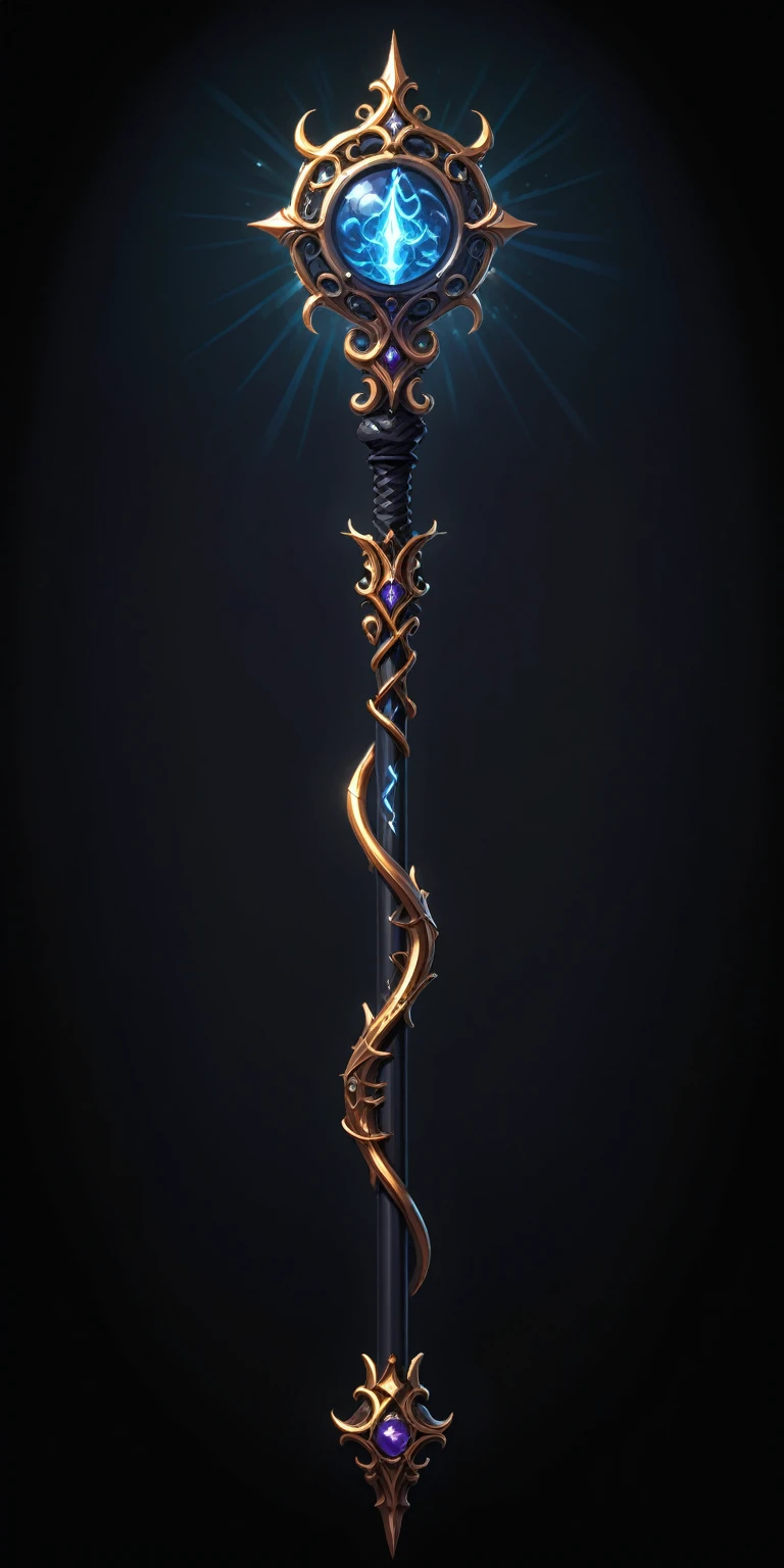 pixel art, cartoon illustration, Divine glavie greatstaff, Powerfull Magical theme, simple black background, RPG game icon