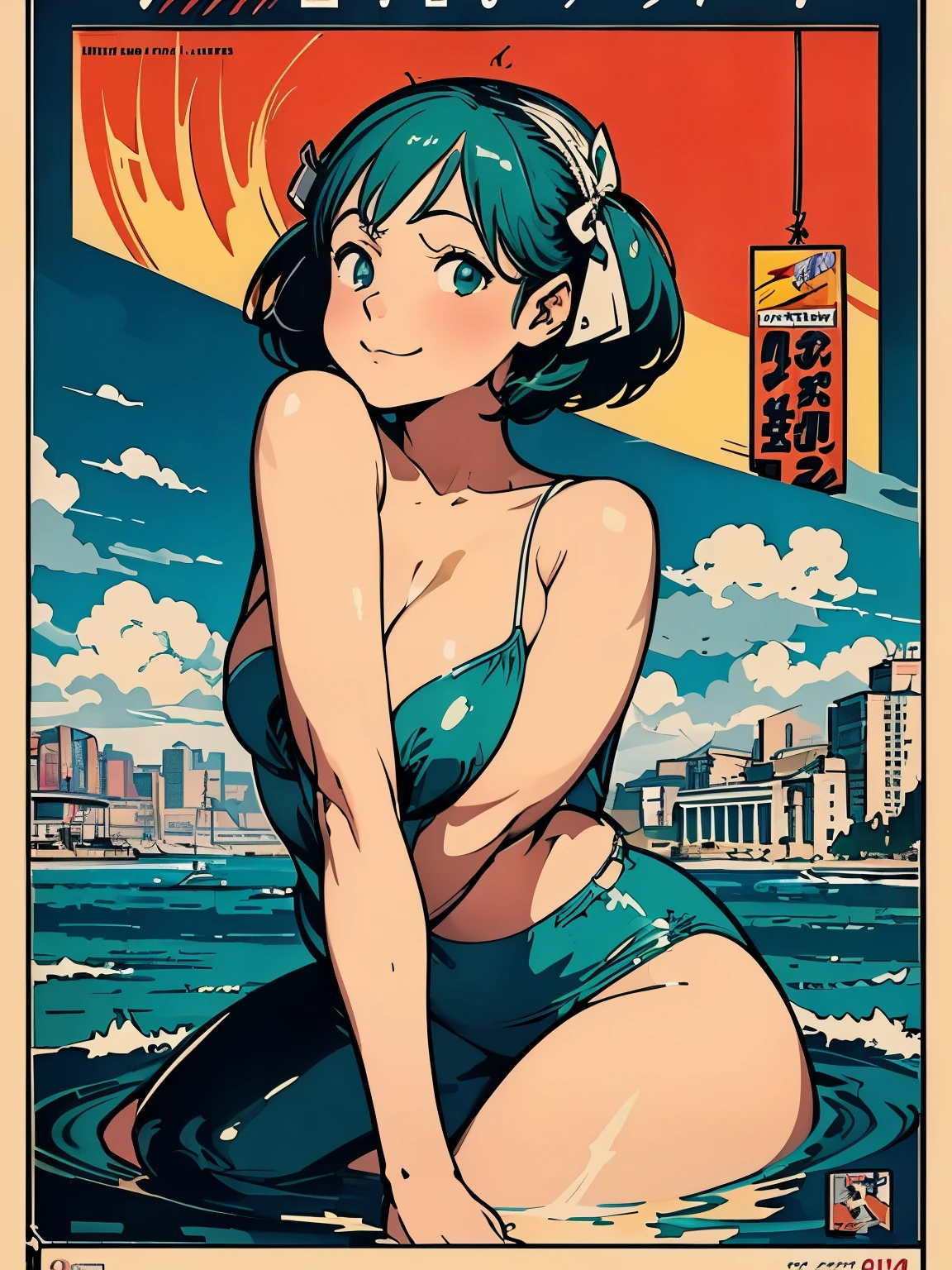 (masterpiece、highest quality、highest quality、Official Art、Beautiful and beautiful:1.2)、(One Girl:1.3)Hatsune Miku、Twin tails,Big Breasts,Poster of the girl who lost her smile, Glossy old advertising poster, Vintage Posters, Poster Vintage, Retro Posters, enoch bolles, 1940s propaganda posters, Joseph Brant, inspired by Art Frahm, beautiful retro art, art deco poster, Vintage Posters style, Hidden Ads, Trading card cover