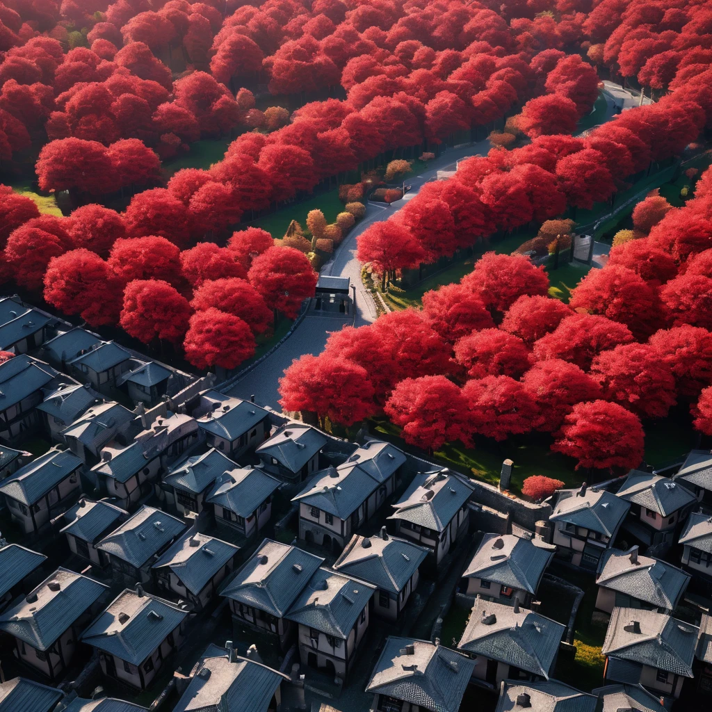 Aerial view on a bright reddish day. A gated city down in a valley has thirty-foot-tall defensive walls made of black tourmaline. The defensive wall's solid black, metal sheet steel gates have doors that are embossed with a sterling silver tree. This ultra-realistic color photograph shows the gate and the city. The city is under a slight red haze. The city has dark cobblestone roads. The sun in the sky is red. All the trees are green. The city has regular brown thatched-roof stone cottages and a dark cobblestone road. The cottages are not red. A super realistic fantasy picture. The shot is taken with expert precision. This smooth and intricately detailed photograph promises to leave an indelible impression.