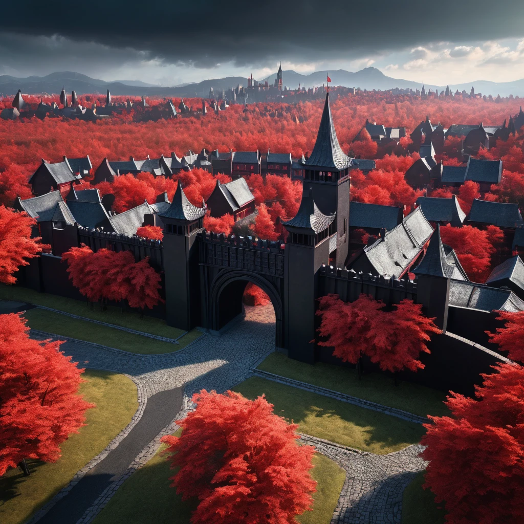 Aerial view on a bright reddish day. A gated city down in a valley has thirty-foot-tall defensive walls made of black tourmaline. The defensive wall's solid black, metal sheet steel gates have doors that are embossed with a sterling silver tree. This ultra-realistic color photograph shows the gate and the city. The city is under a slight red haze. The city has dark cobblestone roads. The sun in the sky is red. All the trees are green. The city has regular brown thatched-roof stone cottages and a dark cobblestone road. The cottages are not red. A super realistic fantasy picture. The shot is taken with expert precision. This smooth and intricately detailed photograph promises to leave an indelible impression.