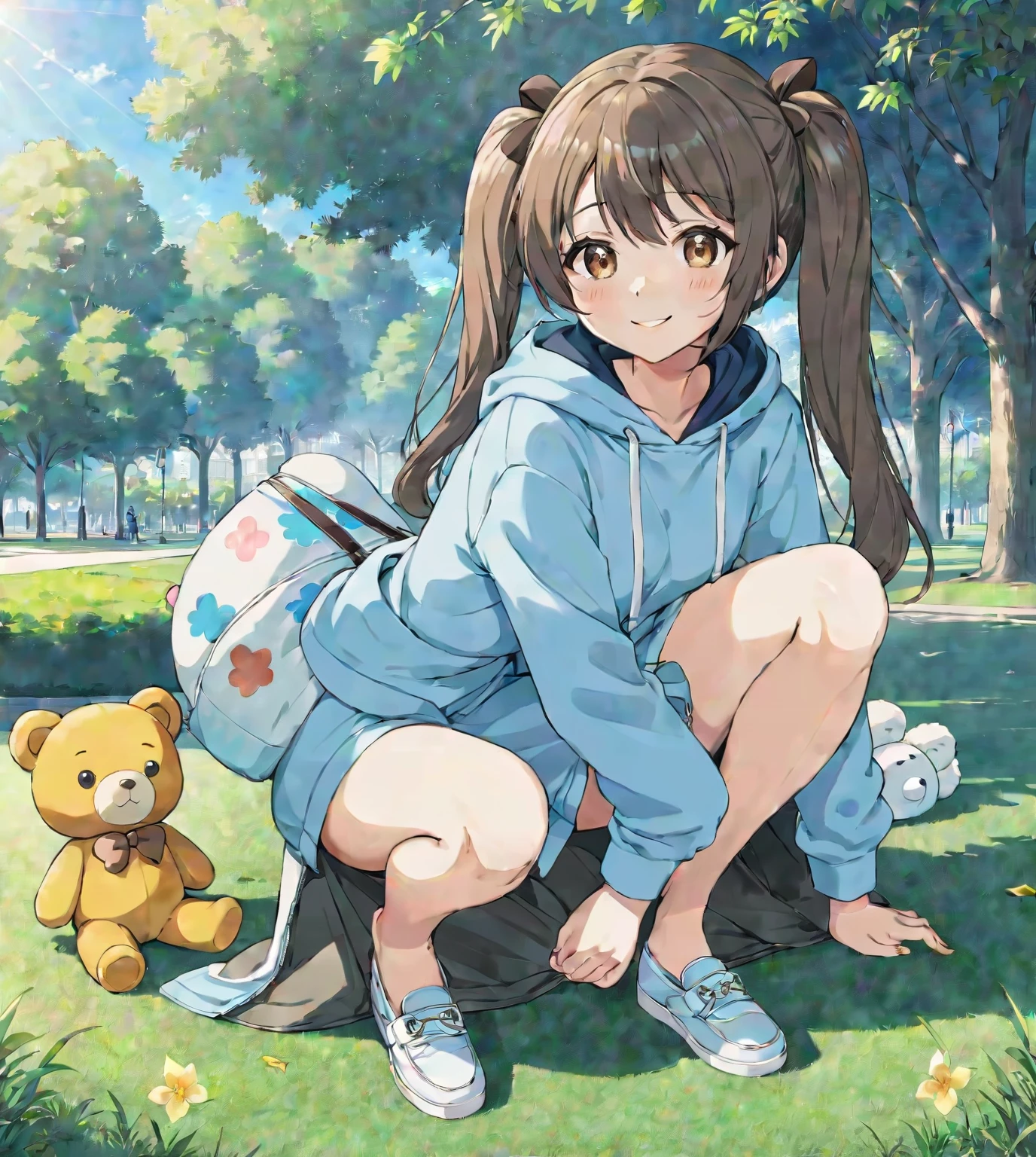 Anime girl sitting on the grass in the park with a teddy bear, Cute smile、Anime Moe Art Style, There are lots of dark brown band-aids on his feet.、Light blue long hair wearing a hoodie、Twin-tailed Girl, Cute Anime Girl, Anime girl crouching, Cute girl anime visuals, High quality anime art style, Young Anime Girl