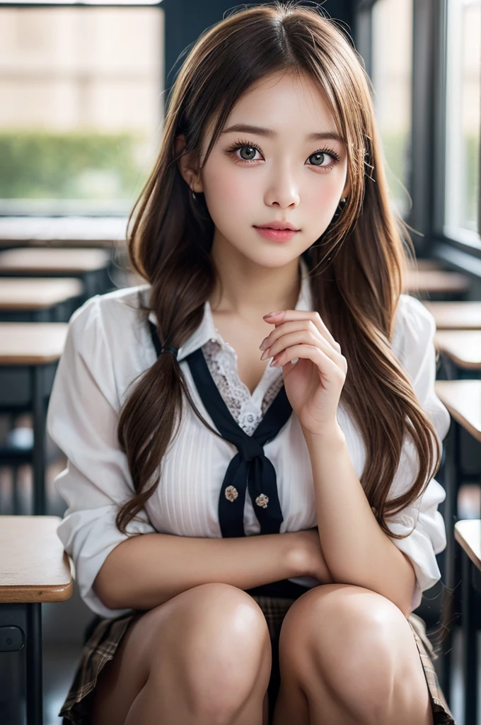 (One Girl), (Very detailed美しい顔), Great face and eyes, (highest quality:1.4), (Super detailed), (Very detailed CG 統合 8k 壁紙), Very detailed, High resolution raw color photos, Professional photography, Realistic portraits, Great face and eyes, Pink Eyes, (High , Pleated mini skirt:1.3), (Wide-chested high:1.4), Twin tails, Brown Hair, model, (((Bokeh))), Depth of written boundary, School, classroom, (squat:1.2), (Lace :1.2), View from below