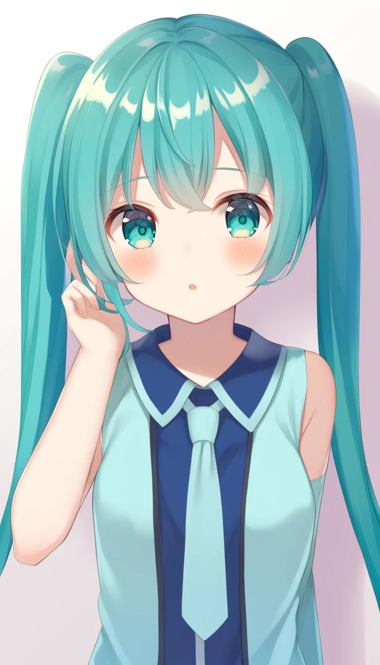 Anime girl with long blue hair and a tie and a blue shirt, Mikudayo, hatsune Miku short hair, Miku, hatsune Miku, portrait of hatsune Miku, hatsune Miku portrait, hatsune Miku face, Vocaloid, Twin tails, Turquoise hair anime girl, Pixiv style, ピンクのTwin tailsの髪とシアンの目, Pixiv