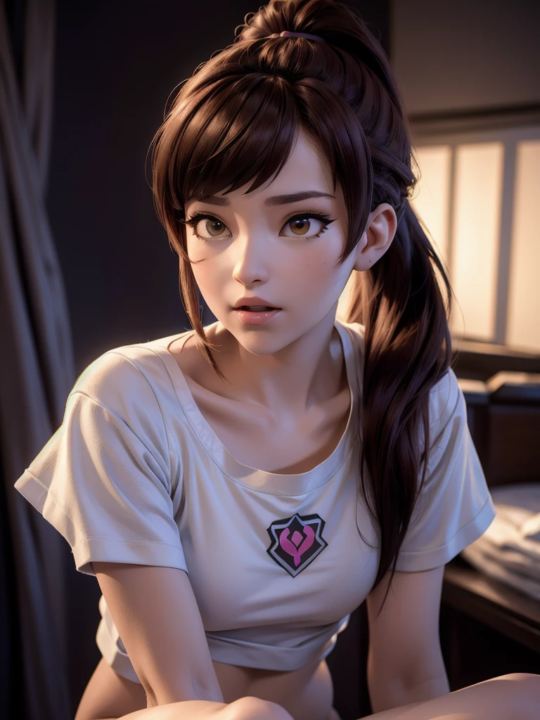 (DVA from Overwatch) without her mech, a woman with short brown hair in a (ponytail),she sits on her bed with her legs spread, high quality refelctions, volumetric lighting, she is wearing a loose short ( ice white cropped t-shirt), very short sleeves, in her bedroom on her bed, 1 girl solo, cinematic lighting, high resolution, physically-based rendering, 8k, volumetric lighting, hyperrealistic, detailed facial features, masterpiece, full upper body, gaming setup in background, cinematic, you can see the fabric of the shirt and the knits very detailed,(she has very small  breasts), (nsfw), the focus is on her whole body and the environment, cinematic screenshot, you can see the (whole room) and her sitting on the bed, she wears an underwear panty as she is going to sleep soon