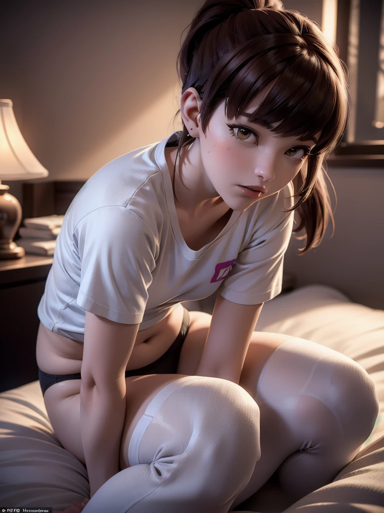 (DVA from Overwatch) without her mech, a woman with short brown hair in a (ponytail),she sits on her bed with her legs spread, high quality refelctions, volumetric lighting, she is wearing a loose short ( ice white cropped t-shirt), very short sleeves, in her bedroom on her bed, 1 girl solo, cinematic lighting, high resolution, physically-based rendering, 8k, volumetric lighting, hyperrealistic, detailed facial features, masterpiece, full upper body, gaming setup in background, cinematic, you can see the fabric of the shirt and the knits very detailed,(she has very small breasts), (nsfw), the focus is on her whole body and the environment, cinematic screenshot, you can see the (whole room) and her sitting on the bed, she wears an underwear panty as she is going to sleep soon