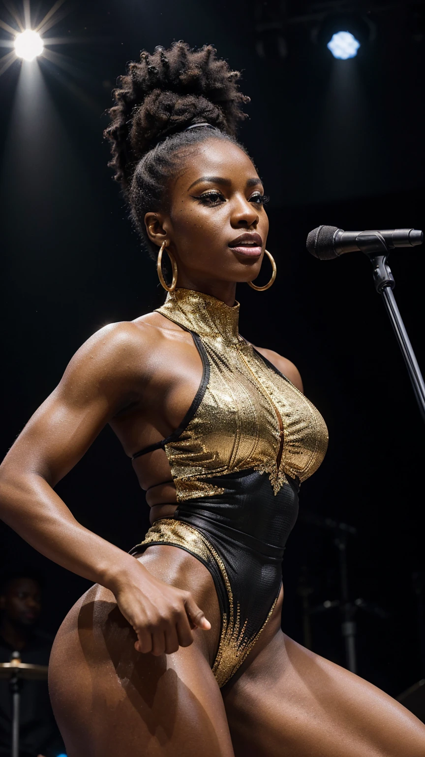 a muscular black woman in a gold one-piece singing and dancing on stage,detailed face and body,beautiful detailed eyes,beautiful detailed lips, extremely detailed eyes and face, long eyelashes,photorealistic,masterpiece,ultra-detailed,8k,high quality,studio lighting,vivid colors,dynamic pose,stage,concert,music,performance,realistic