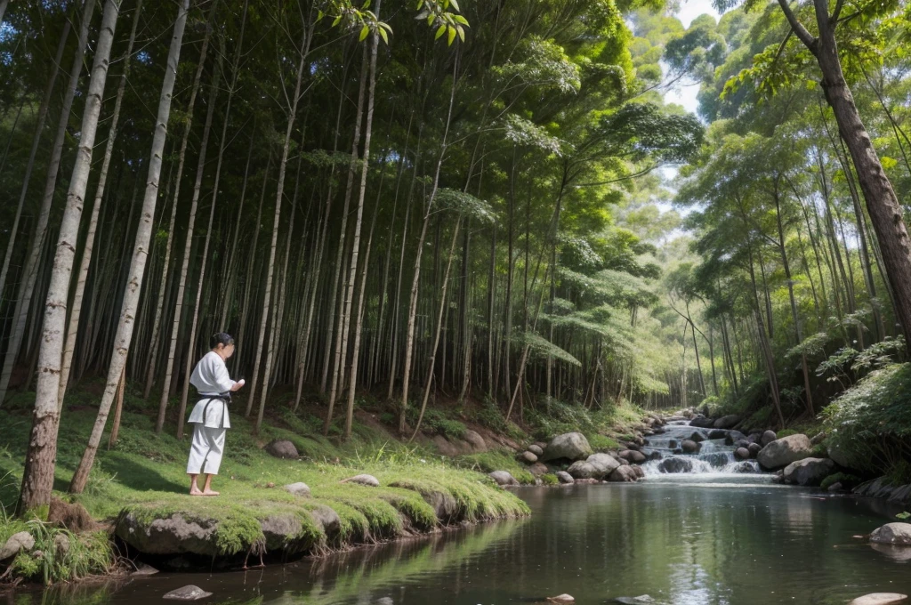 You are the artist Yoshitaka Amano. Desenhe dois karatekas lutando. No fundo uma floresta com bambus um rio e lua cheia. Do a little distance to enhance the scene. Adicionar "defeitos" como se fosse uma pintura gasta pelo tempo.