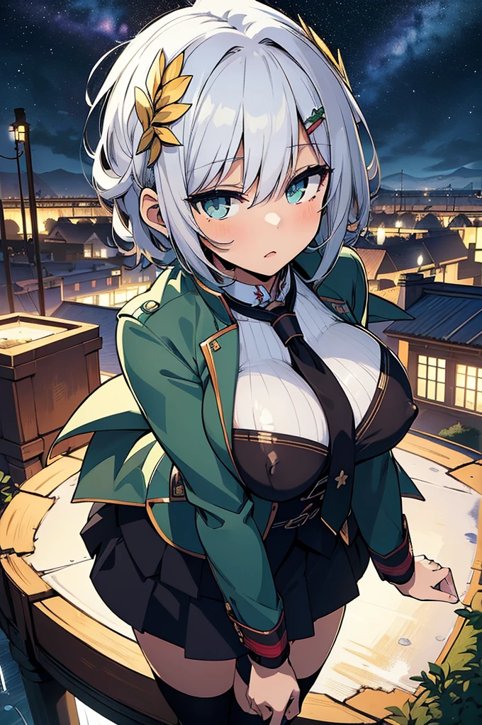 (best quality:1.3), (masterpiece:1.3), (illustration:1.3), (ultra-detailed:1.3), (mid shot:0.9), 1girl, short hair, white hair, green eyes, green blazer, black skirt, looking at viewer, hair ornaments, night sky, starry sky, long hair, large breasts, from front, nipples standing out, Hentai nude