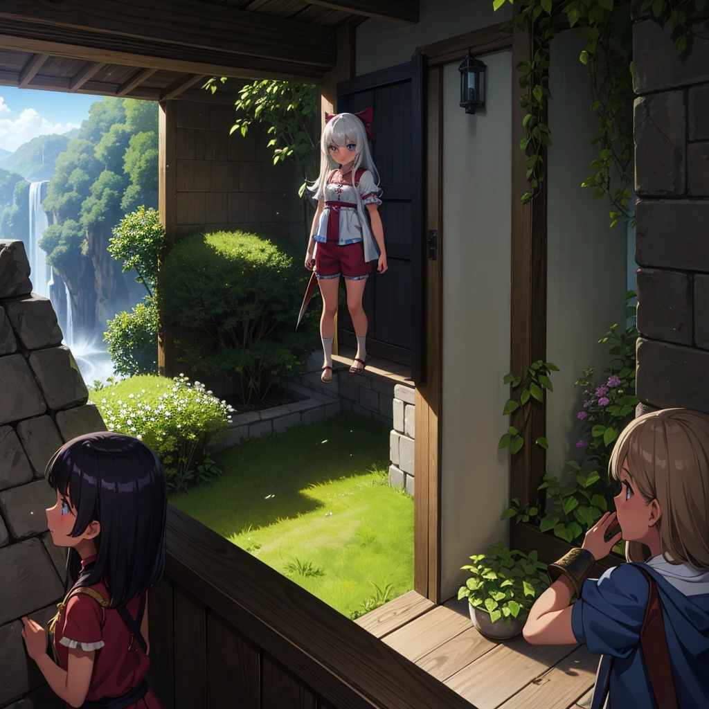 最high quality、high quality、Frugal cloth clothes、10Year-old girl adventurer、Climb the dungeon stairs、Shorts、Equipped with a dagger and a shield、Inside the dim labyrinth