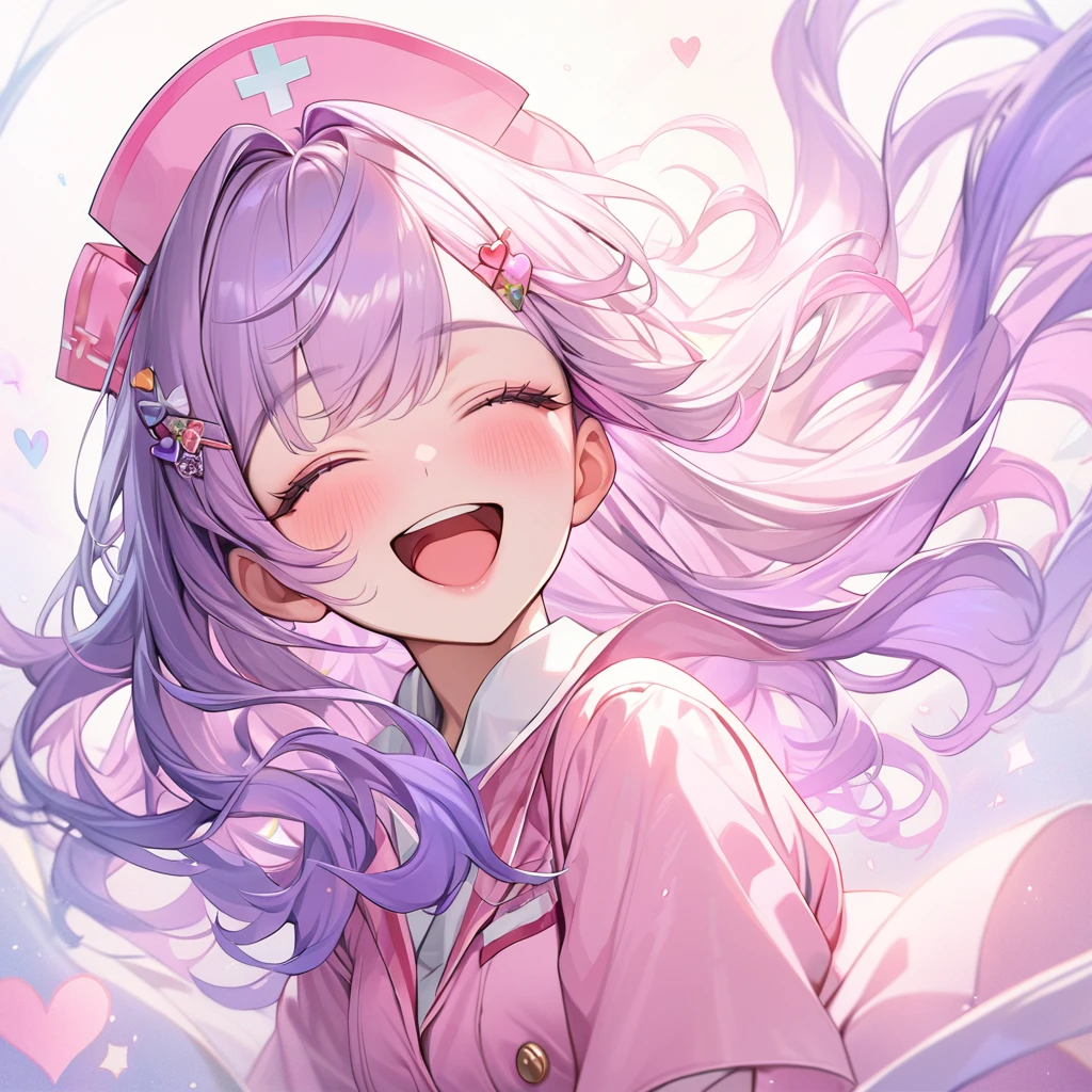 beautiful a girl wearing a pink nurse uniform and a pink nurse cap,, (highest quality,masterpiece,16K or 8K,Super detailed,gradient glitter ),(Upper body、front), background Colorful heart, beautiful, masterpiece, highest quality、gradient hair, light blue-purple hair, floating hair, wavy hair,fluffy hair、 Hair in the wind, pastel wreath on head,Hairpins, heart-shaped hairpins with a red cross inside, Lavender colored eyes, long eyelashes, beautiful eyes, light smile, bright pupils, (a girl closes her eyes and opens her mouth and smiles happily.),digital illustration, highest quality,High resolution, romantic academia, romantic atmosphere, fantasy, white background, happy, laughing,