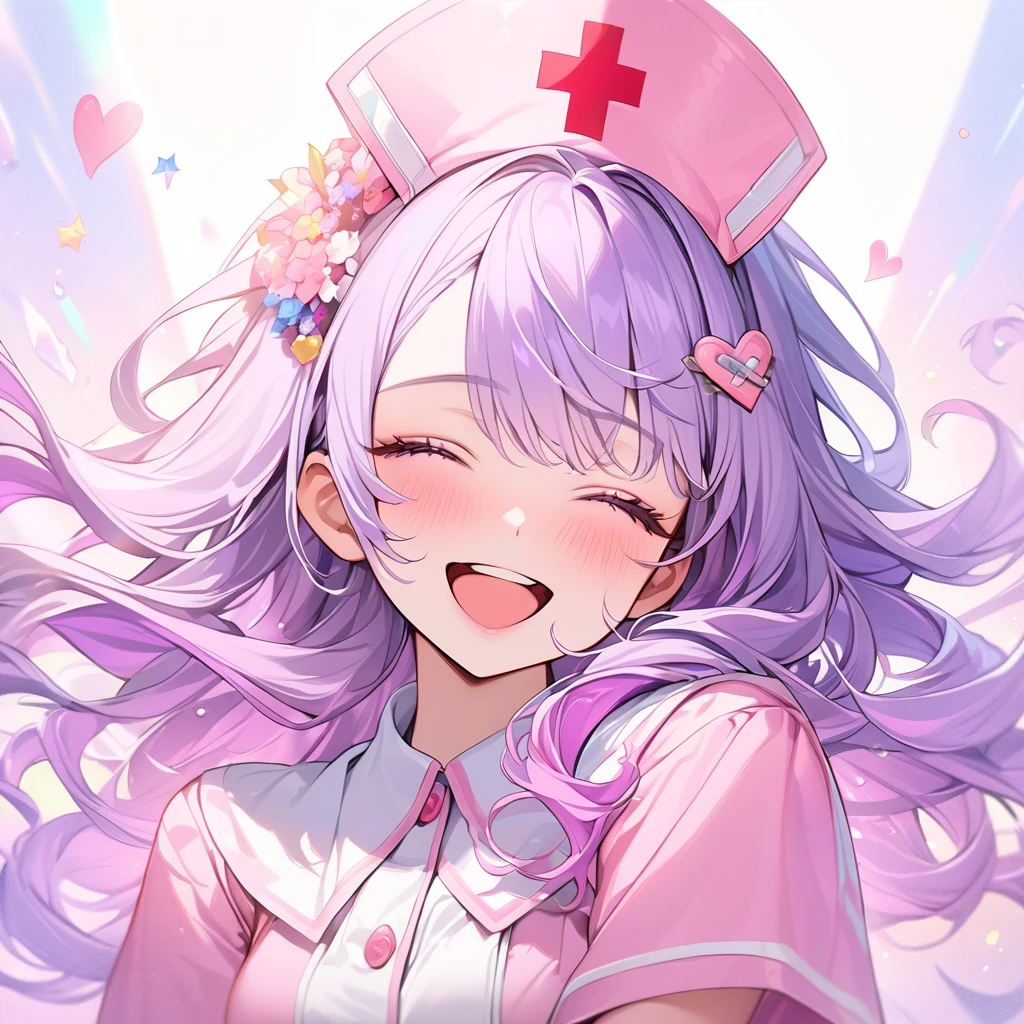 beautiful a girl wearing a pink nurse uniform and a pink nurse cap,, (highest quality,masterpiece,16K or 8K,Super detailed,gradient glitter ),(Upper body、front), background Colorful heart, beautiful, masterpiece, highest quality、gradient hair, light blue-purple hair, floating hair, wavy hair,fluffy hair、 Hair in the wind, pastel wreath on head,Hairpins, heart-shaped hairpins with a red cross inside, Lavender colored eyes, long eyelashes, beautiful eyes, light smile, bright pupils, (a girl closes her eyes and opens her mouth and smiles happily.),digital illustration, highest quality,High resolution, romantic academia, romantic atmosphere, fantasy, white background, happy, laughing,