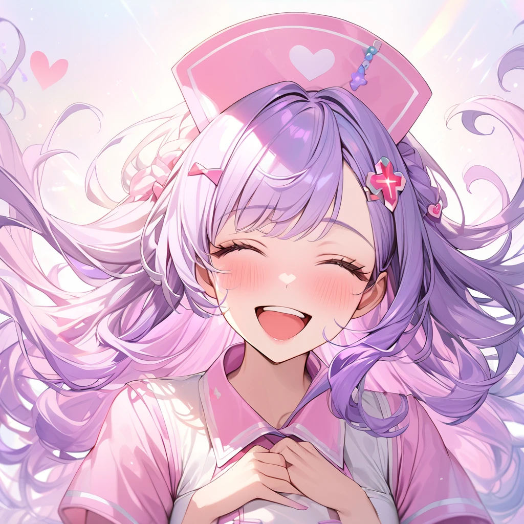 beautiful a girl wearing a pink nurse uniform and a pink nurse cap,, (highest quality,masterpiece,16K or 8K,Super detailed,gradient glitter ),(Upper body、front), background Colorful heart, beautiful, masterpiece, highest quality、gradient hair, light blue-purple hair, floating hair, wavy hair,fluffy hair、 Hair in the wind, pastel wreath on head,Hairpins, heart-shaped hairpins with a red cross inside, Lavender colored eyes, long eyelashes, beautiful eyes, light smile, bright pupils, (a girl closes her eyes and opens her mouth and smiles happily.),digital illustration, highest quality,High resolution, romantic academia, romantic atmosphere, fantasy, white background, happy, laughing,