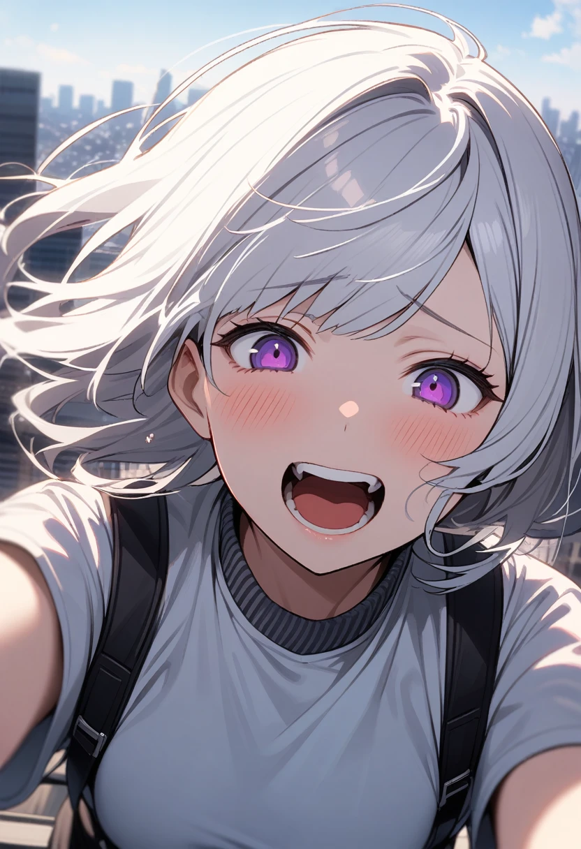 1 female, alone, 超skyscraperの屋上に立つ女性, woman taking a Selfie on the roof of a building, (Selfie:1.3), fear, Pale face, Laughing out loud, Disorganized, Strong winds, Motion Blur , Speed Line, skyscraper, high quality, High detail,White Hair,Purple Eyes