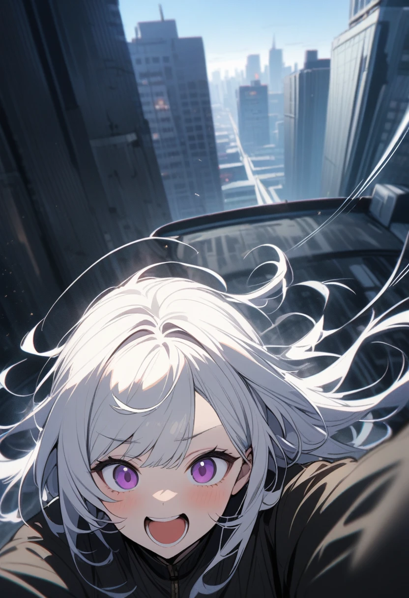 1 female, alone, 超skyscraperの屋上に立つ女性, woman taking a Selfie on the roof of a building, (Selfie:1.3), fear, Pale face, Laughing out loud, Disorganized, Strong winds, Motion Blur , Speed Line, skyscraper, high quality, High detail,White Hair,Purple Eyes