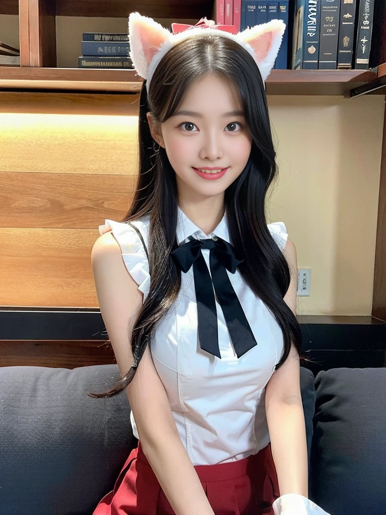 (Super cute Korean high school girl looks into the camera:1.2)(grin,Smile)(Beautiful Sweat:1.1)(16k, RAW Photos, highest quality, masterpiece: 1.2),(Beautiful black hair with cat ears) Super detailed, Super Resolution, (Genuine, Genuine photos: 1.37), Portraiture, High-resolution RAW color photos, Professional photos, Very detailed, 8k wallpaper, Very detailed CG Unity 8k wallpaper, Very detailed beautiful girls, Very detailed faces, ((whole body)), beautiful woman, Huge breasts,(huge boobs:1.1) (Big Boobs:1.1), Beauty college student (A tight, girly, navy sleeveless  with ribbon.),high school girl, Korean Girls,(K-POP Female Idols), (Idol-class beauty)(Beautiful high school girl:1.1)(A library filled with books)(18-year-old)(Stylish school uniform-style outfit:1.1)(Group photo:1.1)(:1.0)(NSFW)