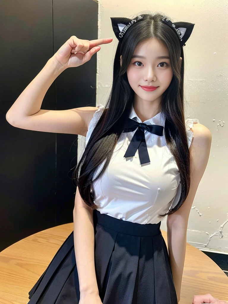 (Super cute Korean high school girl looks into the camera:1.2)(grin,Smile)(Beautiful Sweat:1.1)(16k, RAW Photos, highest quality, masterpiece: 1.2),(Beautiful black hair with cat ears) Super detailed, Super Resolution, (Genuine, Genuine photos: 1.37), Portraiture, High-resolution RAW color photos, Professional photos, Very detailed, 8k wallpaper, Very detailed CG Unity 8k wallpaper, Very detailed beautiful girls, Very detailed faces, ((whole body)), beautiful woman, Huge breasts,(huge boobs:1.1) (Big Boobs:1.1), Beauty college student (A tight, girly, navy sleeveless with ribbon.),high school girl, Korean Girls,(K-POP Female Idols), (Idol-class beauty)(Beautiful high school girl:1.1)(A library filled with books)(18-year-old)(Stylish school uniform-style outfit:1.1)(Group photo:1.1)(:1.0)(NSFW)