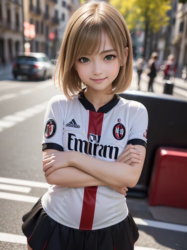 (8k, RAW Photos, highest quality, masterpiece:1.2), (Realistic, photo-Realistic:1.4), (Highly detailed 8k wallpaper), ((Full Body Shot)), (1 girl), Sharp focus, Depth of written boundary, Cinematic lighting, Soft Light, 緻密な美しさのeye, eye_Chan, Very beautiful 17 year old girl, innocent big eyes, Realistic, photo Realistic, Highly detailed cute girl, (Thin thighs), (Model Body Type), (((AC Milan soccer jersey))), ((Micro Mini Tight Skirt)), (((Fold your arms in front of your chest and act arrogantly))), ((A happy smile)), Parted lips, Watching the audience, (On the streets of Italy) , (Blonde),(Short Bob Hair), (Asymmetrical bangs)