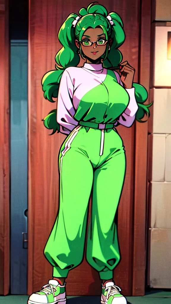 1990s (style), 1 person、Lady, Black skin、Green Eyes, Long Hair、Three-stranded、Pigtails、Forehead、Green Hair、intellectual、Glasses、Jumpsuit、sneakers、Big ass through clothes、Big breasts through clothes