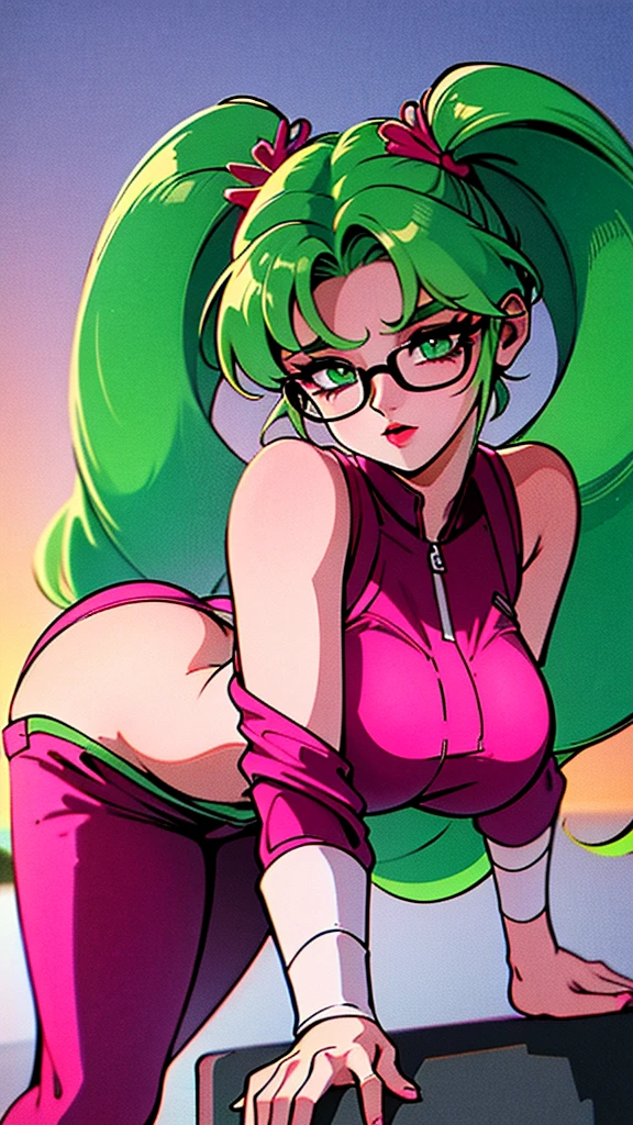 1990s (style), 1 person、Lady, Black skin、Green Eyes, Long Hair、Three-stranded、Pigtails、Forehead、Green Hair、intellectual、Glasses、Jumpsuit、sneakers、Big ass through clothes、Big breasts through clothes